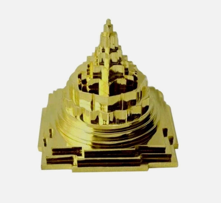 Meru Shree Yantra Pyramid In Alloy Metal 24K Gold Plated 4 Inches Energized