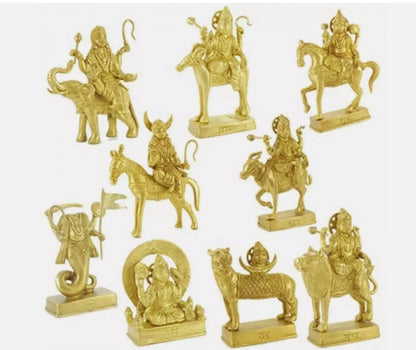 NavGraha Idols In Brass / 9 Planet Statues / Hindu Religion God Sculpture in Brass for puja home temple – side view