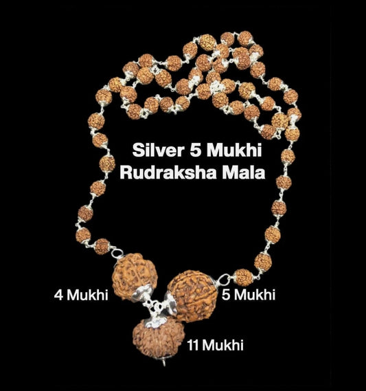 Rudraksha Combination for Hanuman Power 4,5,11 Mukhi Nepal In Silver Rudraksha Mala